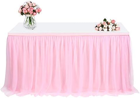 Tulle Table Skirt, FAMIROSA Tutu Tablecloth Skirting for Rectangle or Round Tables for Party, Wedding, Banquet, Baby Shower Christmas, Home Decoration (L9(ft) H 30in, Pink)
