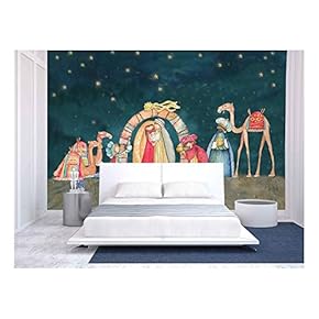 Illustration Christian Christmas Nativity Scene with The Three Wise Men - Removable Wall Mural | Self-Adhesive Large Wallpaper - 66x96 inches