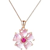 Pink Flower Pendant Necklace for Women CZ Crystal Floral Cherry Blossoms Dainty Choker Necklaces Gemstome Pink Love Heart Bea