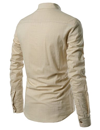 NEARKIN (NKNKN350 Beloved Men Henley Neck Long Sleeve Daily Look Linen Shirts Beige US XS(Tag Size XS)