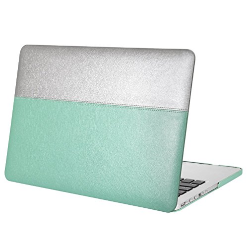 Mosiso Silky PU Leather Coated Plastic Hard Shell Case Cover Only for MacBook Pro Retina 13 Inch No CD-Rom (A1502/A1425, Version 2015/2014/2013/end 2012), Green & Silver