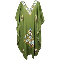 Mogul Interior Women Kimono Kaftan Green Embellished Boho Long Maxi Dresses One Size
