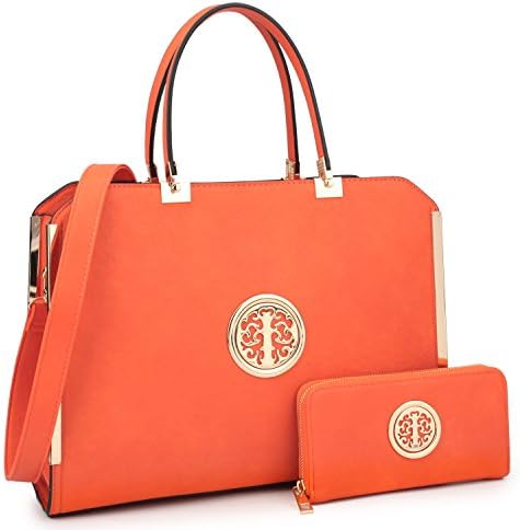 MKY Large Satchel Handbag Designer Purse Multicolor Orange w/ Matching Wallet Shoulder Strap