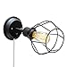 GLOBE Electric 65291 1-Light Plug-in or Hardwire Industrial Cage Wall Sconce, Matte Black Finish, On/Off Rotary Switch, 6ft Clear Cord, Wall Lights for Bedroom, Bulb Not Included