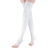 Lin Performance 15-20 mmHg Compression Stockings for Women & Men, Thigh High Dot-Top Open Toe, Leg Support for Daily & Travel Comfort (White,XL)