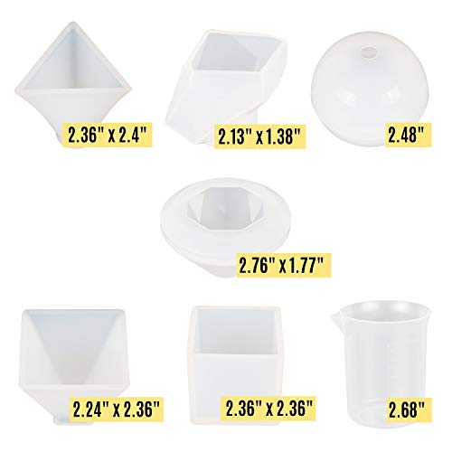 Houseables Silicone Resin Mold, Art Casting Supplies, Various Sizes, 8 Molds, Clear, Craft Kit, Pyramid, Diamond, Sphere, Stone, Cube, Measuring Cups, For Epoxy, Polyester, Paperweight, Bath Bomb, Wax