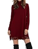 Leadingstar Women Knitting Turtleneck Long Sleeve Loose Lace Cotton Casual Dress (M, Wine Red 2)