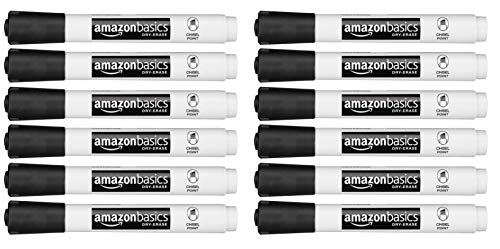 Marcadores de pizarra blanca de borrado en seco de bajo olor de Amazon Basics, punta de cincel, paquete de 12