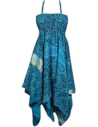 Women Halter Dress Handkerchief Hem Vintage Upcycled Silk Printed Summer Beachwear Sundress