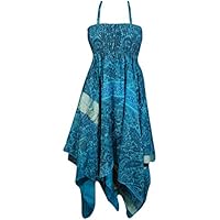 Mogul Interior Women Halter Dress Handkerchief Hem Vintage Upcycled Silk Printed Summer Beachwear Sundress