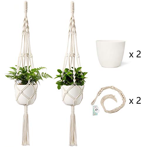 Mkono Macrame Plant Hangers with Pots Indoor Set of 2 Hanging Planters Holder 6.5 Inch Plastic
