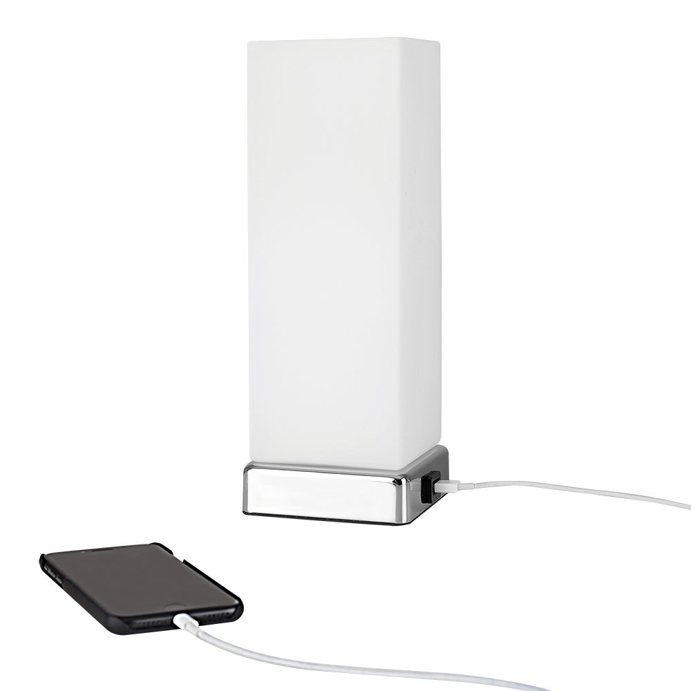 Modern Chrome & White Frosted Glass Bedside Touch Table Lamp with USB