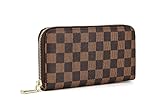 Daisy Rose Women's Checkered Zip Around Wallet and Phone Clutch - RFID Blocking with Card Holder Organizer -PU Vegan Leather, Brown