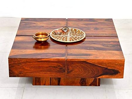 Strata Furniture Sheesham Wooden Square Coffee Table for Living Room (Teak Finish)