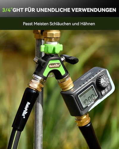 RAINPOINT 2-Way Distributor, Full Metal Heavy Duty Water Distributor with 5.2 cm Extra Long Side Lever & Shut-off Valves, Garden Hose Y Splitter 3/4 Inch & 1/2 Inch, Simultaneous Double Connection (Green)