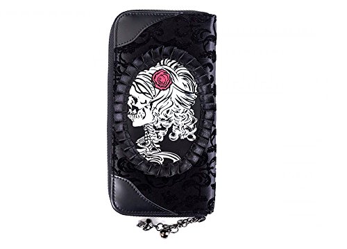 Lost Queen Black Flocked Cameo Skull Lady Rose Gothic Zip Around Wallet