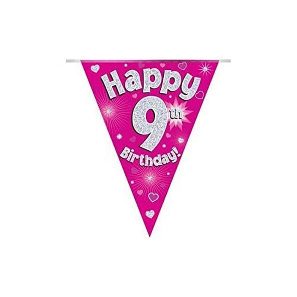 Party Bunting Happy 9th Birthday Pink Holographic 11 flags 3.9m