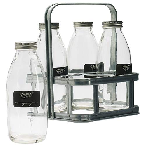 Mason Craft & More Drinkware Collection- Durable Glass Leak Proof Beverage Glassware, 5 Piece Milk Bottle Set with Caddy