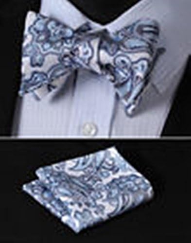 Mondaily DL4018B Blue Gray Paisley Men Woven Silk Self Bow Tie Pocket Square Set #PPTE4678