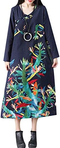 P Ammy Fashion Women's National Style Floral Cotton & Linen Chinese Button Long Dress