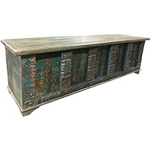 Vintage Trunk Blue Distressed Wood Window Bench Chai Table Iron latch Chest Old Pitara Bohemian Interior