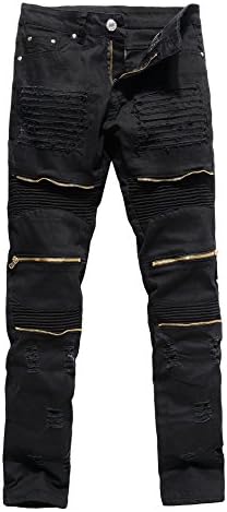 COLINNA Men's Vintage Distressed Ripped Biker Moto Denim Pants Slim Fit Zipper Jeans