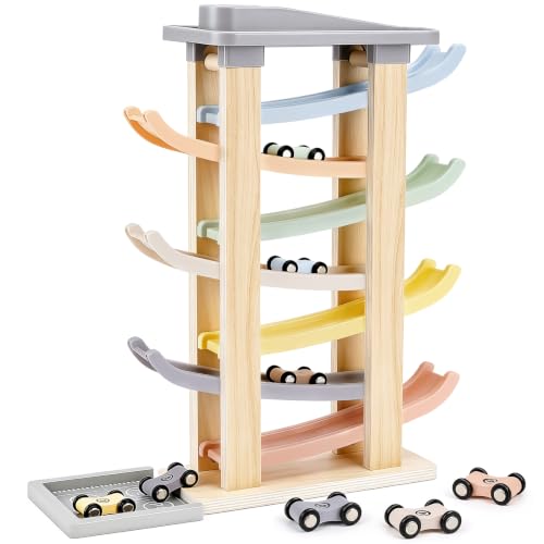 Joyreal Baby Toy 1 2 Year Old - Wooden Ramp Car Montessori Games with 8 Mini Car Child and Wooden Garage Toy Gift Boy Girl Child
