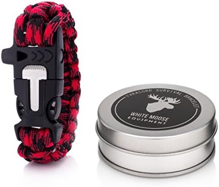 Paracord Bracelet with Emergency Whistle, Fire Starter and Knife - Multifunctional Survival Gear 7-Strands 550+LBS Parachute Cord Rope (Red&amp;Black, Medium)