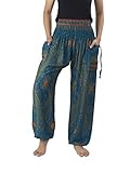 Lannaclothesdesign Women's Smocked Boho Flowers Eye Yoga Harem Pants Regular Teal