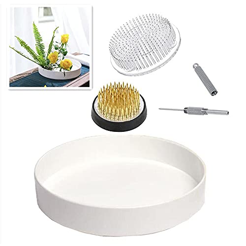 Photo 1 of Japanese Ikebana Kit Floral Frog Flower Container with 1Pcs 9inch Plastic Bowl Vase Pot, 1Pcs 1.57inch Kenzan, 1Pcs 2.76inch Plastic Kenzan, 1Pcs 2 in 1 Kenzan Tool-Clean and Straighten Pin (Set B)