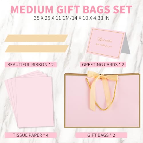 woric Pink Gift Bags with Handles, 14" Medium Gift Bags with Tissue Paper, 2 Pcs Pink Bags with 4 Tissue Paper and 2 Cards for Baby Shower Wedding Bridal Shower Graduation Birthday Party