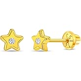 14k Yellow Gold Little 5mm Cubic Zirconia Star Screw Back Earrings Toddler Girls - Shiny Star Earrings with Safety Screw Back Locking for Infants & Children - Star Stud Earrings for Girls
