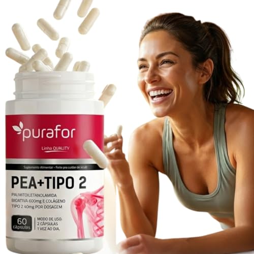 Suplemento PEA + Colágeno Tipo 2 | Palmitoiletanolamida Bioativa 600mg + Colágeno Tipo 2 40mg | 60 Cápsulas | Articulações e Recuperação Muscular