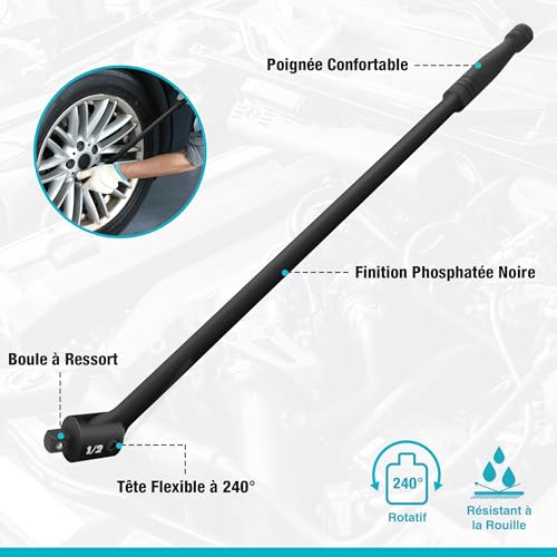 DURATECH 1/2 Inch Articulated Ratchet Wrench Heavy Duty 600mm Force Bar Force Wrench with 240° Flexible Head Maximum Torque 780Nm for Auto and Workshop Repairs