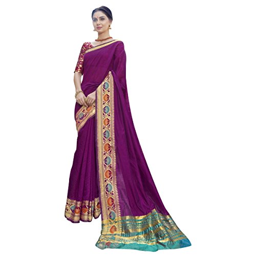 Aksaa Fashion Women's Indian Violet Woven Blended Cotton Festival Saree, Sari