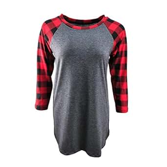 Buffalo Plaid Shirt Womens Plus Size 3/4 Sleeve Tunic Tops (XX-Large, Grey Body Red Plaid 3/4 