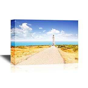 Watercolor Style Canvas Wall Art - Barbaria Cape Lighthouse in Formentera with Road Perspective - Gallery Wrap Modern Home Art | Ready to Hang - 12x18 inches