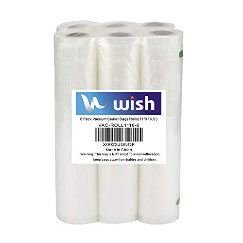 Vaccum Sealer Bags Food Storage Rolls (6 Pack), WISH 11 Inch X 16.5 Feet Fit Inside Machine Heavy Duty Embossed Food Storage Saver Bag Rolls Compatible with Sous Vide and FoodSaver (Total 100 Feet)