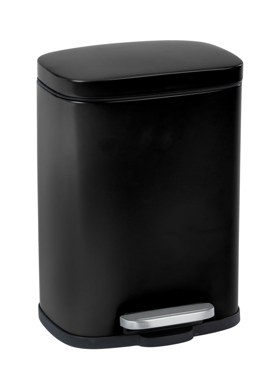 WENKO Leno Easy Close Cosmetic Bin, 5 Litres, Puristic Pedal Bin with Lid and Soft Close and Integrated Bag Holder, Small Painted Steel Bucket, 21.5 x 19 x 29.5 cm, Black