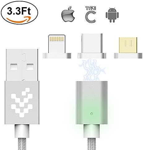 Magnetic USB Charging Cable, WMZ 3 in 1 Nylon Braided Data Cord 3.3Ft with Lightning,Type C,Micro Connectors and LED Light Charging &amp; Data Transfer Cable for Android Micro and iPhone Port for iPhone 8
