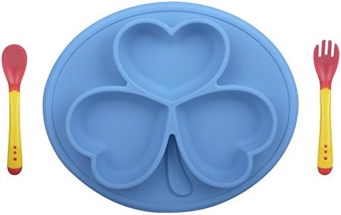 Baby Placemat Silicone Infants Feeding Mat, LKYDIGITAL Mini Toddlers Place Mat Fits Most Highchair Trays Super Self Suction Pad Non-slip Placemats Tableware with Soft-tip Feeding Spoon &amp; Fork (Blue)