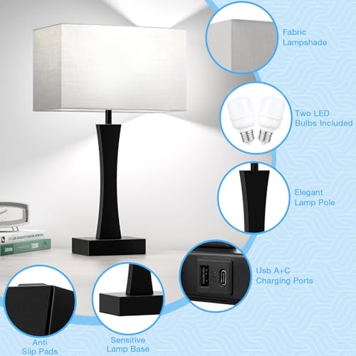 Bedside Touch Table Lamps Set of 2-3 Way Dimmable Modern Bedroom Lamps with USB C+A Ports,Nightstand Lamps for Living Room,Dorm,Home Office(Bulbs Included)