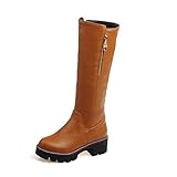 AalarDom Women's PU High-top Solid Zipper Kitten-Heels Boots