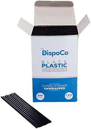 DispoCo 7 3/4" Jumbo Black Straight Cocktail Drinking Straws Unwrapped - 500/Box