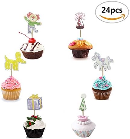 Maydolbone 24pcs Clown Circus Themed Party Decorative Cupcake Toppers,Food Picks Baby Shower Decor And Cupcake Party Picks