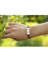 Moda piel trenzado anudada pulsera hecho a mano perlas de cultura blancas joyas para mujeres y Lady de 7.5", sin metal, Negro, C13