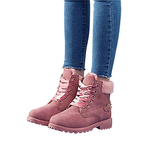 Susanny Women's Warm Snow Boots Ankle Lace up Short Combat Boot Slip on Winter Low Heel Fur Booties Pink - Thumbnail 4