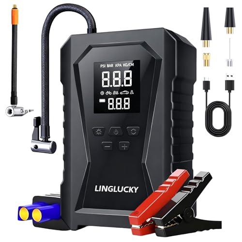 LINGLUCKY Arrancador de Batería de Auto Portátil 3000A y Compresor de Aire 150PSI,Jumper para Carro de 12V(9L Gasolina/6.5L Diésel) con Pantalla LCD,Linterna LED,Luz de Emergencia,12000mAh Power Bank