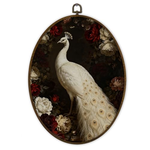 White Peacock Oval Wall Art Framed