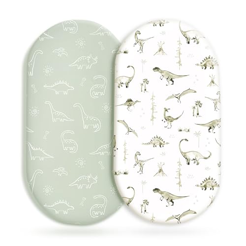Stretch Ultra Soft Fitted Bassinet Sheet Set 2 Pack, Universal Fit for Bassinets Baby Cradle Moses Basket Oval Rectangle Mattress Safe and Snug, Dinosaur